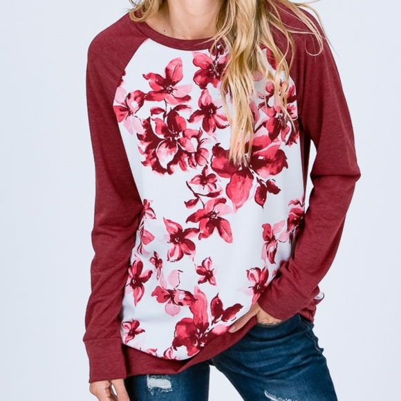 Burgundy raglan sleeve floral print pullover top - Picture 2 of 6